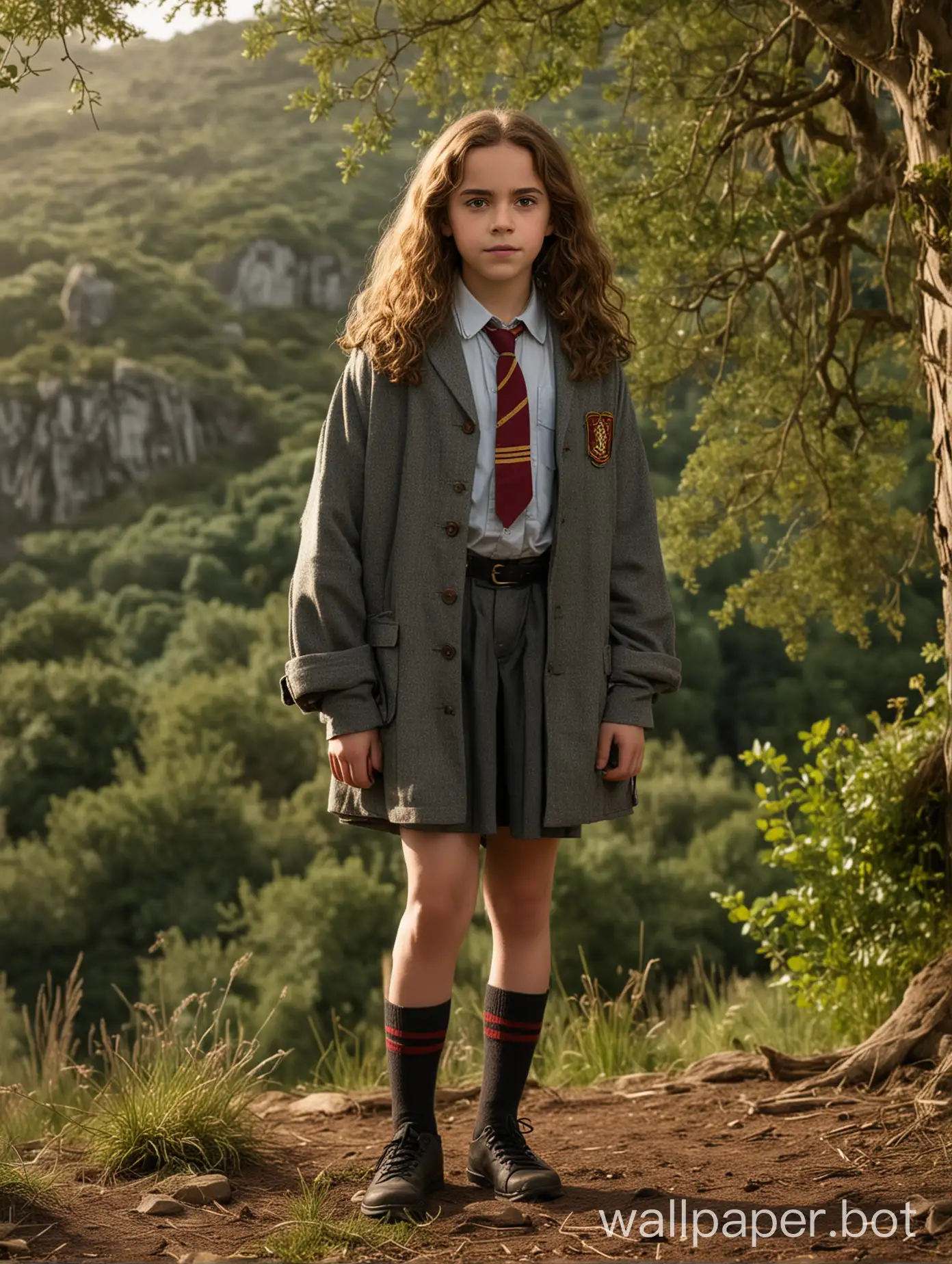 a girl of 11 years old, full height, Hermione Granger, against a nature backdrop