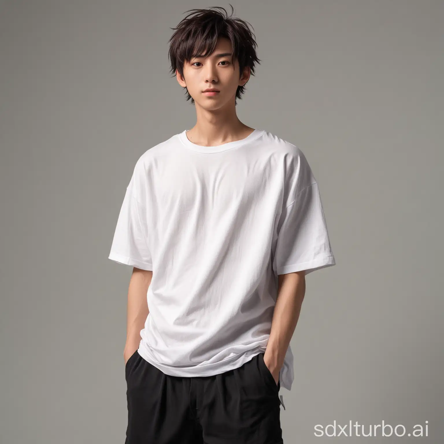 a real life male anime character with good build wearing a plain oversized t shirt posing for a photoshoot