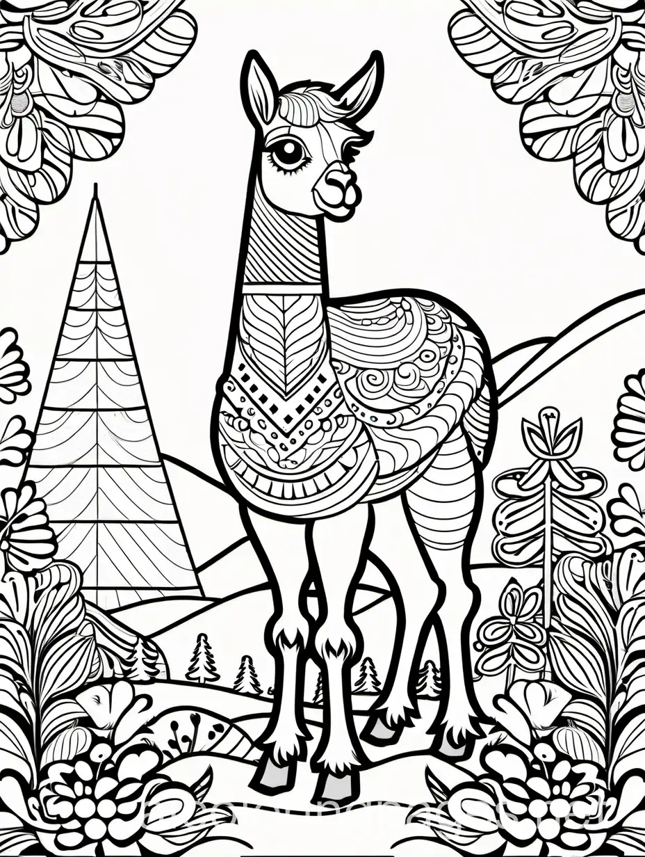 beautiful llama, Coloring Page, black and white, line art, white background, Simplicity, Ample White Space. The background of the coloring page is plain white to make it easy for young children to color within the lines. The outlines of all the subjects are easy to distinguish, making it simple for kids to color without too much difficulty