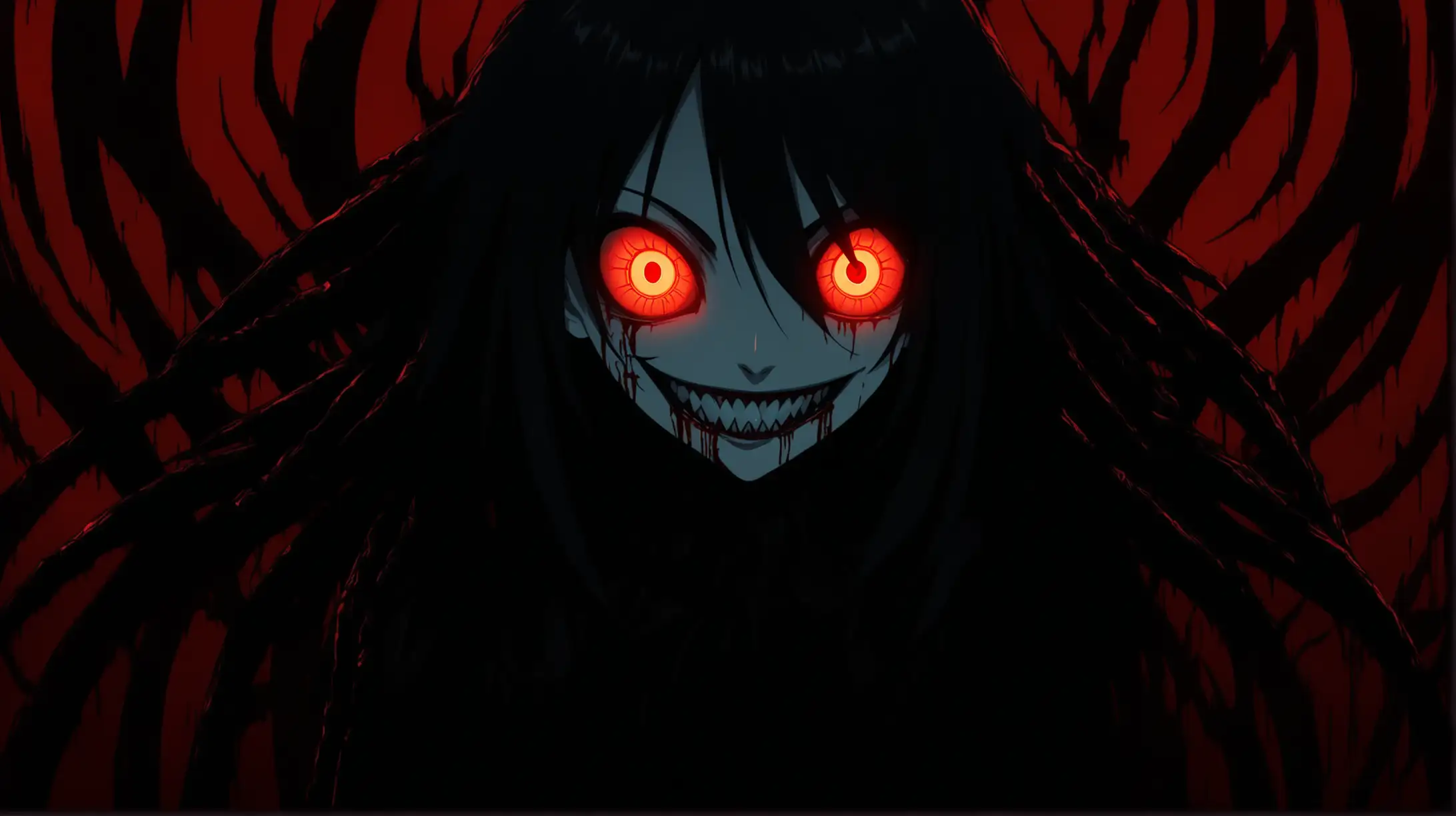 dark foreground, A sinister boy in the anime style smiles maliciously with fanged white teeth, red glowing neon eyes, her huge eyes glow in the dark, she has dark shadows behind her back, on a blood background clean looped, 2d animated art