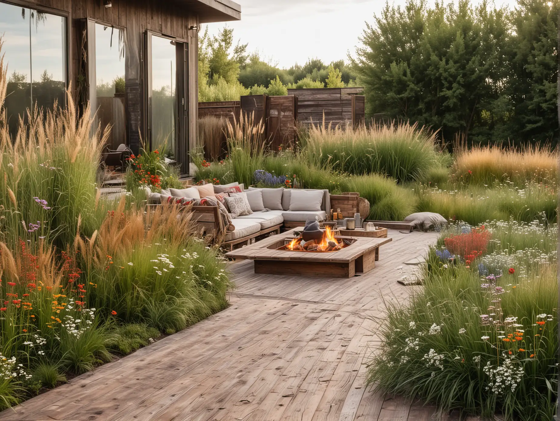A wide shot of a rustic patio with a wooden deck, large outdoor sofa, and an open fire pit. The patio is surrounded by tall grasses and wildflowers, creating a natural, untamed look in front of a container house