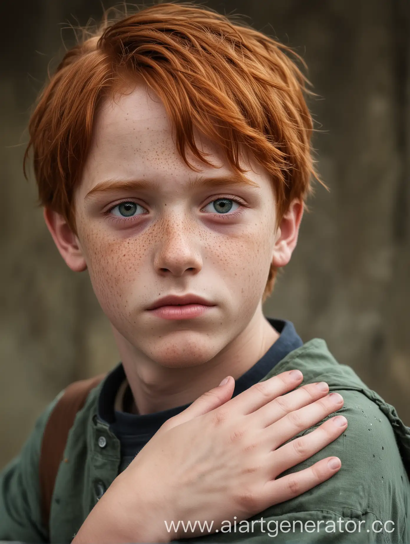 мальчик подросток рыжий, тринадцать лет, с веснушками с грустными глазами, во весь рост.  На его плече чужая рука