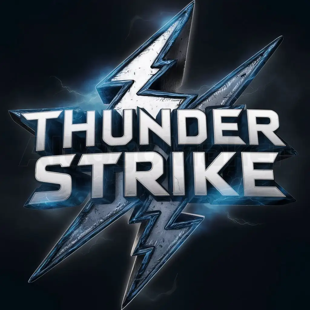 a logo design,with the text "Thunder Strike", main symbol:A powerful thunder strike,3d, dark colors, dark atmosphere, phenomenal  Color :  dark blue gradiant, insanely detailed; 16x9,complex,be used in Entertainment industry,clear background
