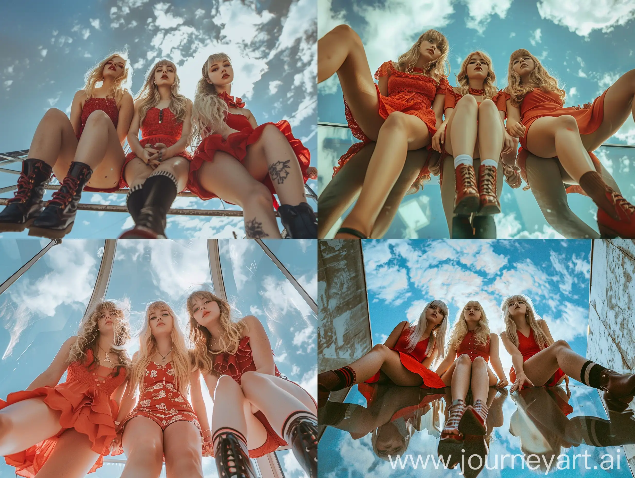 Three-Young-Women-in-Red-Dresses-Posing-on-Glass-with-Sky-View