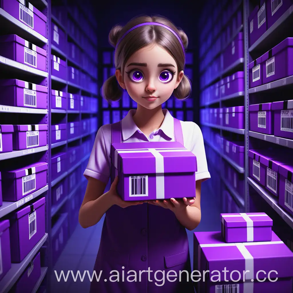 Girl-Goods-Expert-with-Purple-Boxes-and-Barcodes-at-Night