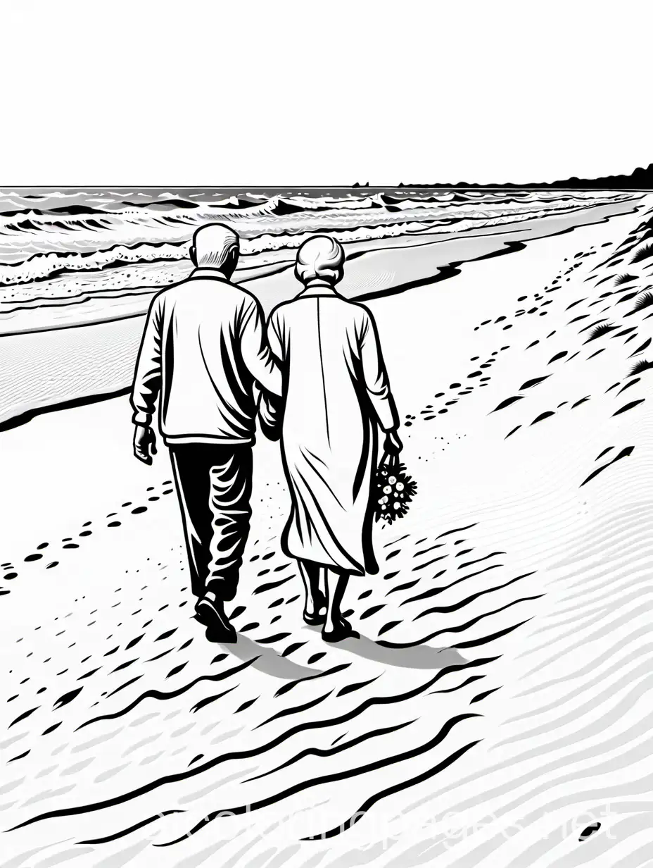 An elderly couple strolling hand-in-hand along a sandy shore, Coloring Page, black and white, line art, white background, Simplicity, Ample White Space. The background of the coloring page is plain white to make it easy for young children to color within the lines. The outlines of all the subjects are easy to distinguish, making it simple for kids to color without too much difficulty