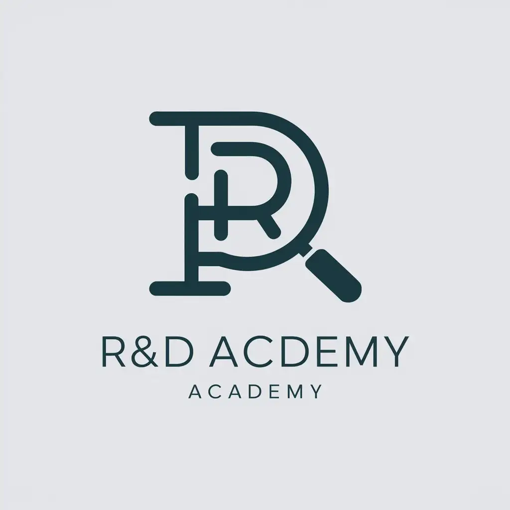 a logo design,with the text 'R&D ACADEMY', main symbol:Magnifying glass R symbols and design,Minimalistic,clear background