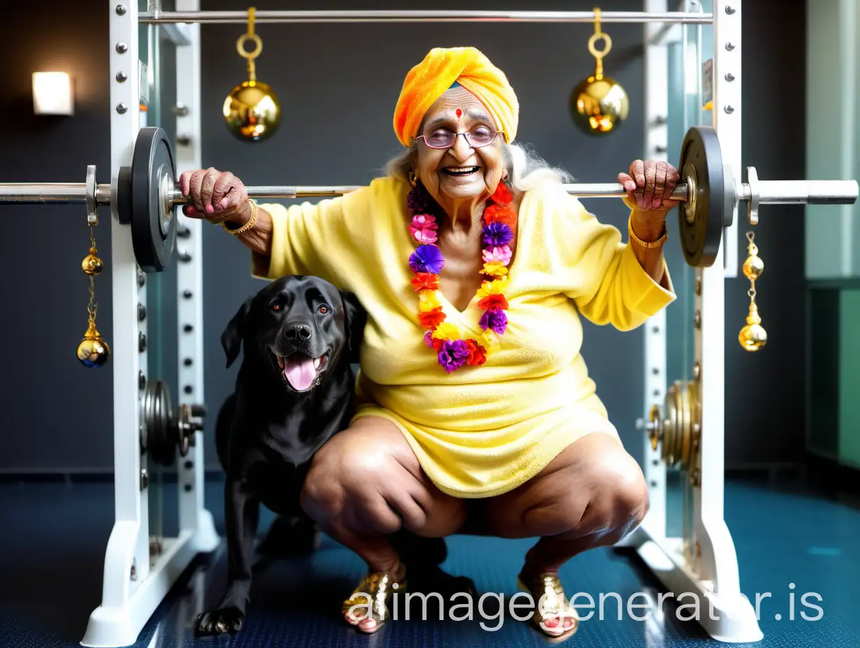 a 106 years old fat mature Indian woman backside, with curvy figure, long dense hair, wearing a hat on head, golden spectacles on face, wet neon colorful bath towel, wearing a flower garland on neck, white high heels on feet, doing squat exercise, near a royal luxurious open gym, holding a bar bell and wearing lots of gold ornaments, happy and smiling near royal luxurious smith machine, its evening time and a black big dog is there and lots of lights are there