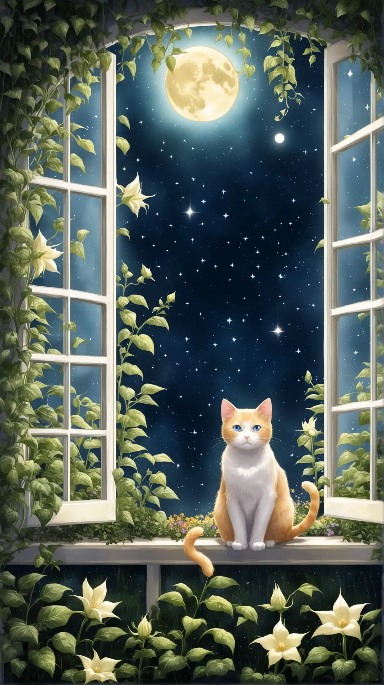 Cat Staring at Magical Moonbeams in Moonflower Garden