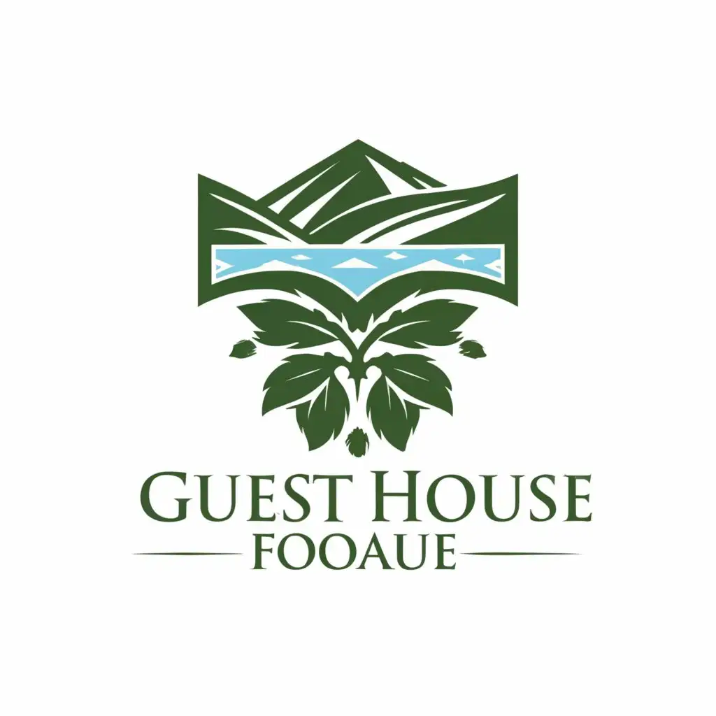 a logo design,with the text "Guest house foliage", main symbol:noble laurel leaves and grape leaves against the backdrop of nature and waterfall lakes,Moderate,be used in Travel industry,clear background