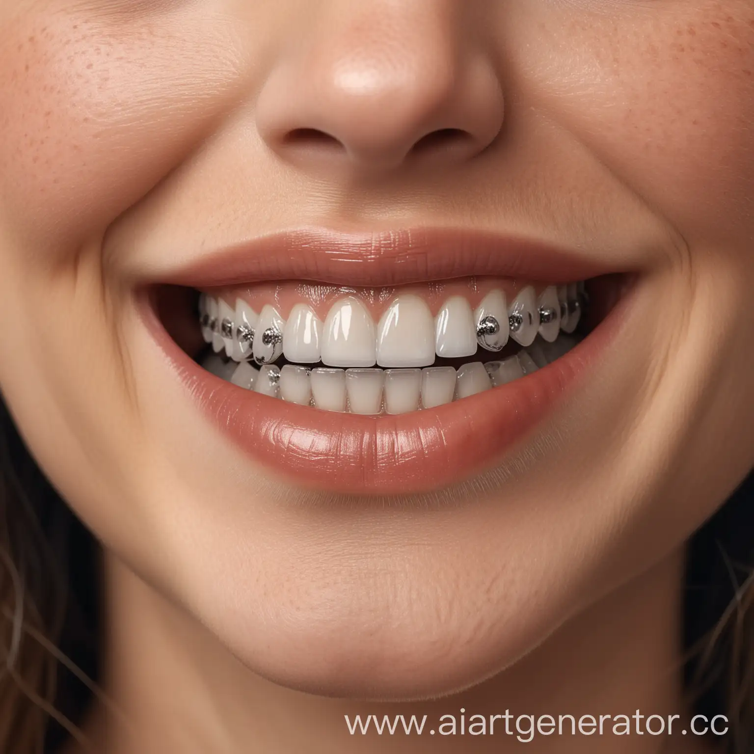 A woman's face is smiling in close-up with braces on her teeth photorealism