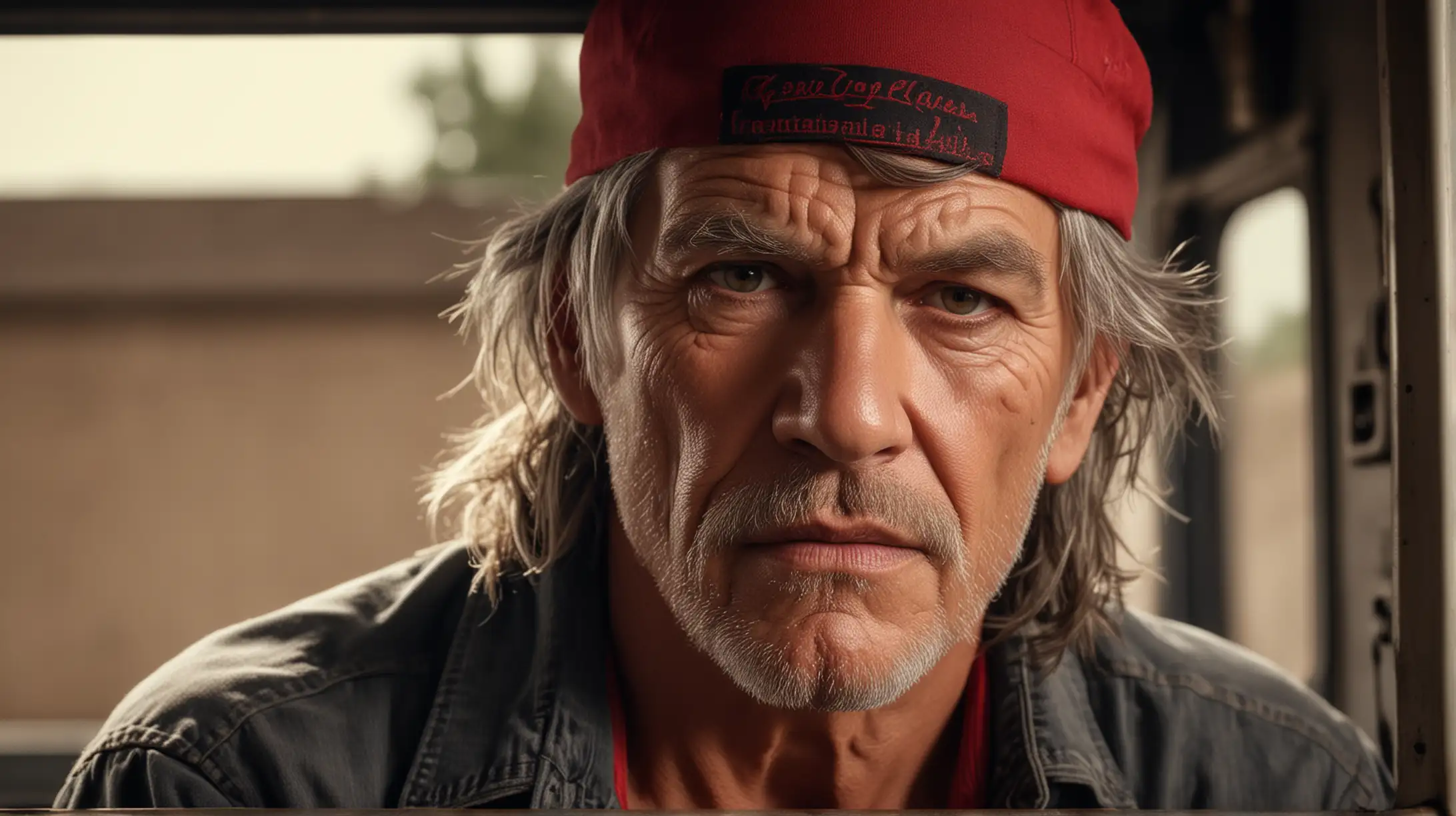 CLASSIC CLOSE UP PORTRAIT PHOTOGRAPHY STYLE, ageing actor Eric Roberts look-alike, longish hair, tattered baseball hat, red bandana around neck, serious, INSIDE TRUCK CAB, photo realistic, cinematic lighting