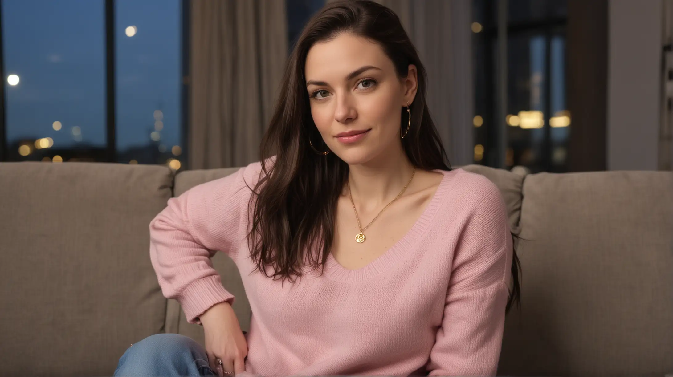 Closeup of 30 year old pale white woman with long dark brown hair parted to the right, gold necklace, pink sweater and blue jeans, no smile, relaxing on a gray couch, modern high rise urban apartment background late at night