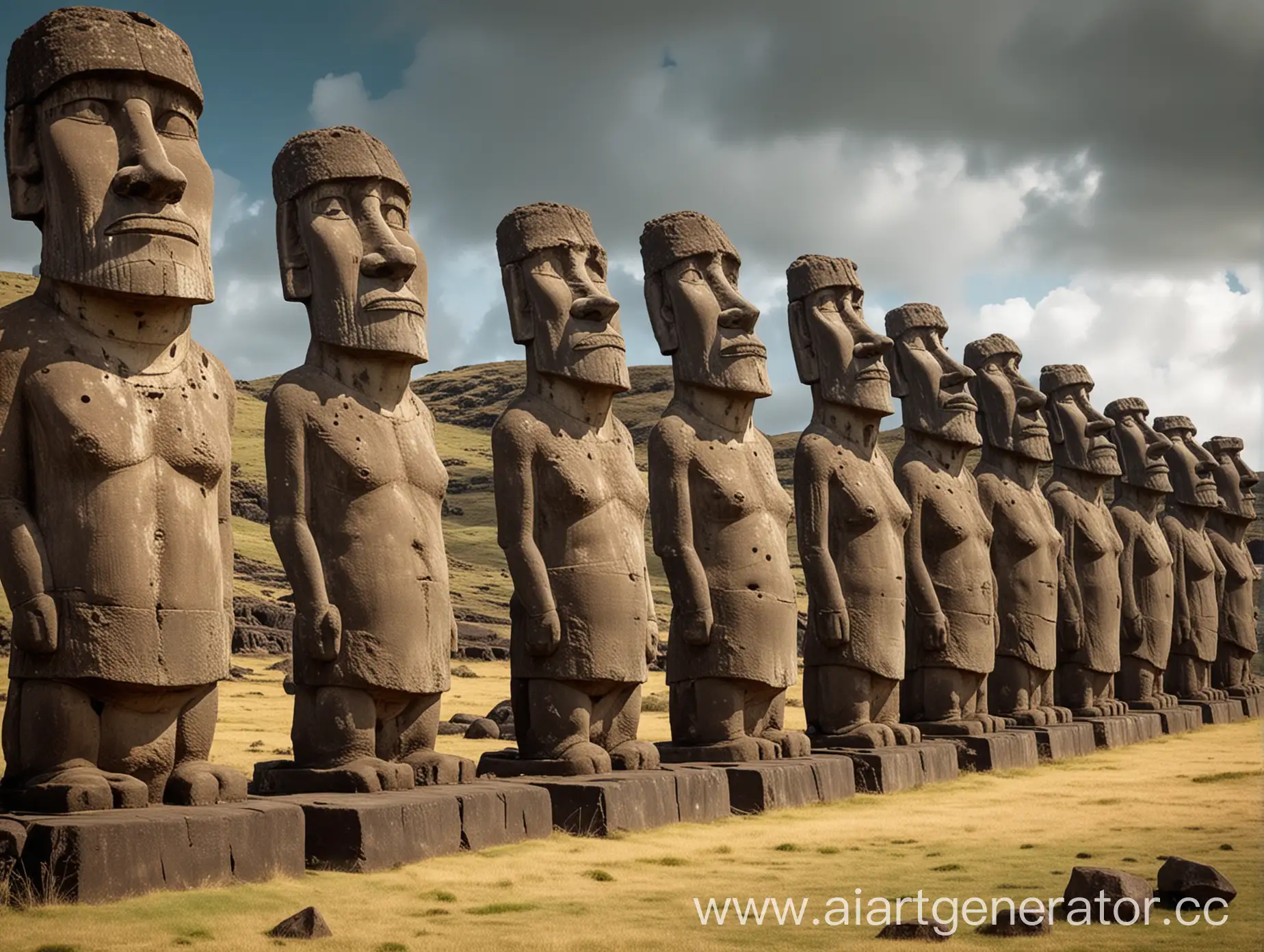 Create a horizontal illustration of the famous Moai stone statues from Easter Island. The statues should be standing in a line, looking directly at us. On the surface, only their heads with elongated faces, deep eye sockets, prominent noses, and massive chins should be visible. Underground, show the rest of their bodies with massive arms folded over their stomachs. The illustration should convey the mystery and grandeur of these ancient artifacts. The statues should be looking and standing right at us. Part of the Statue must be underground!!