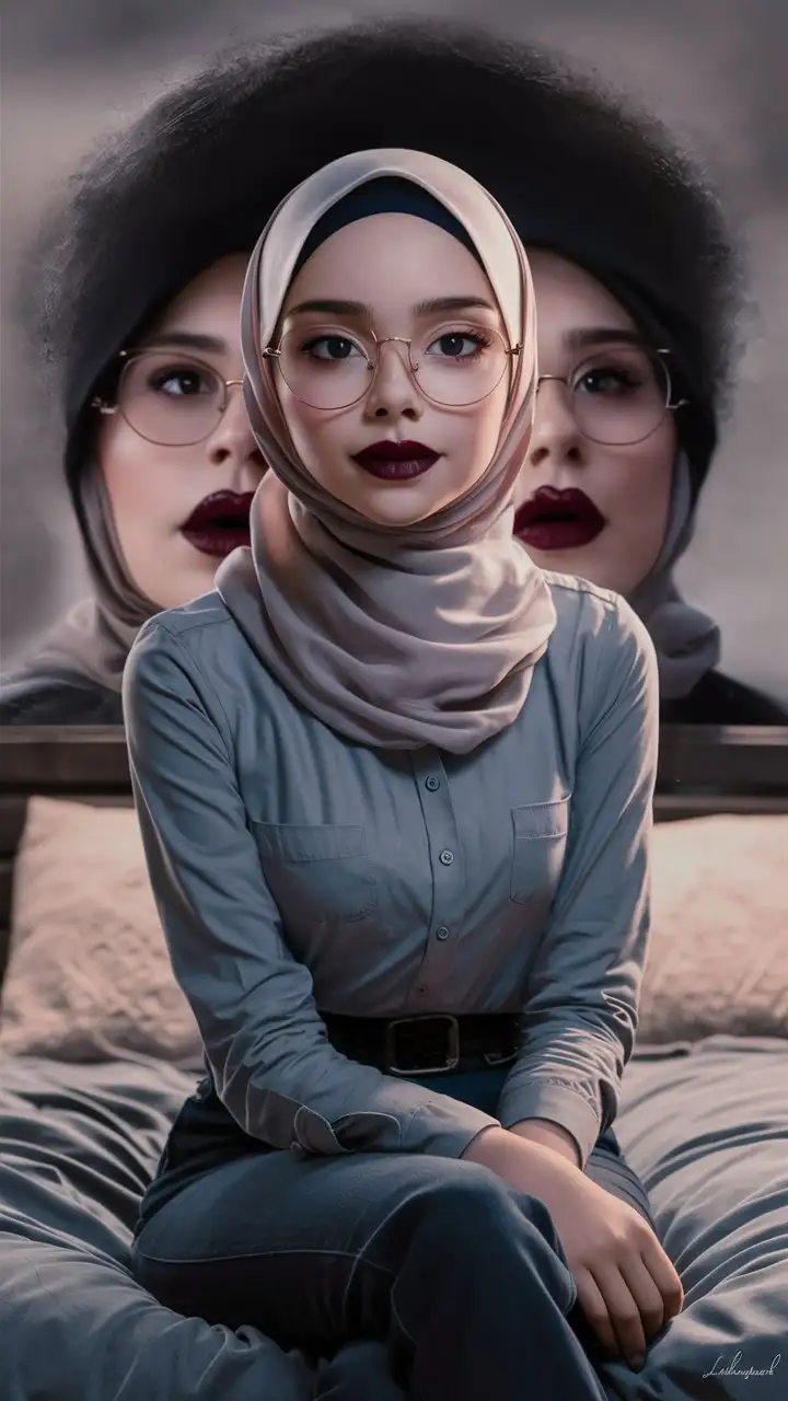 A most beautiful teenage girl.  17 years old. She wears a hijab, skinny shirt,
She is beautiful. She sits on the bed.
petite, plump lips.  Elegant, pretty, burgundy lips, soft eyes, bony face, top view, glasses. Cowboy shot
