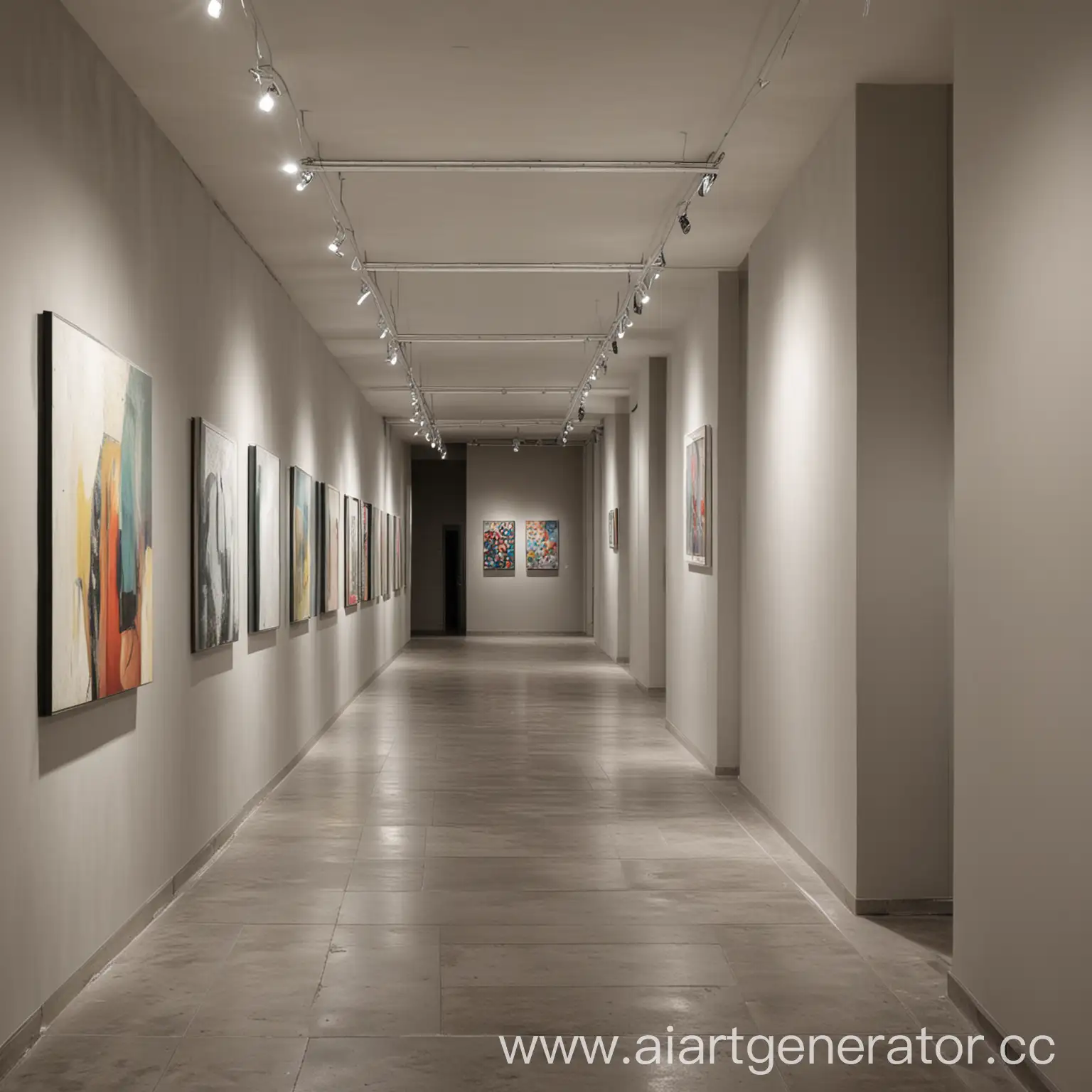 выставка современного искусства в  коридоре с перегородками, стены светлые без окон 