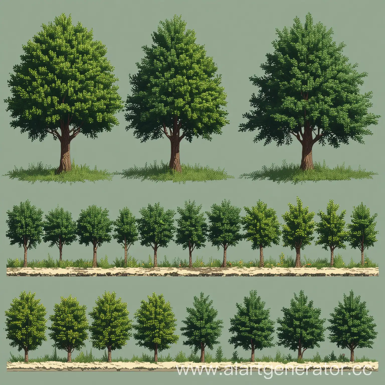 деревья и кусты 2д пиксель вид сбоку в одну строку