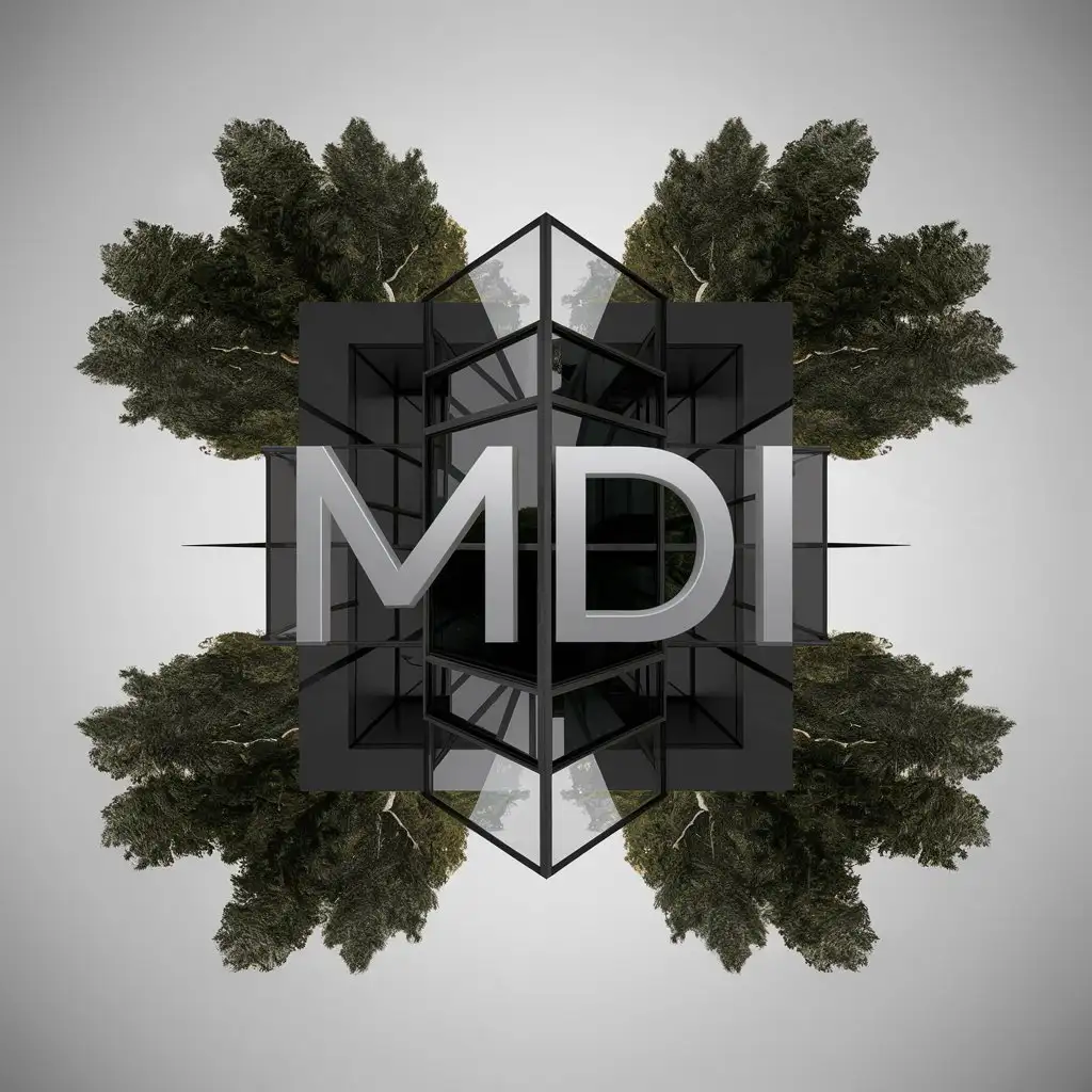 MDI in gray font, the font on a black and glass company and the sides of the company are trees