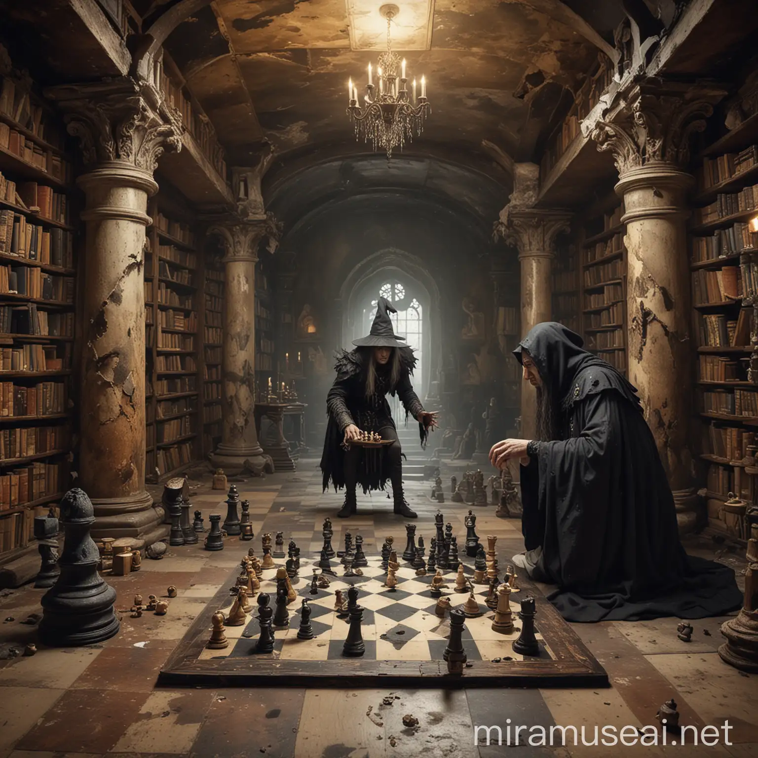 A man is playing chess with one menacing witch inside an old, crumbling library, adorned with chess pieces and paintings

