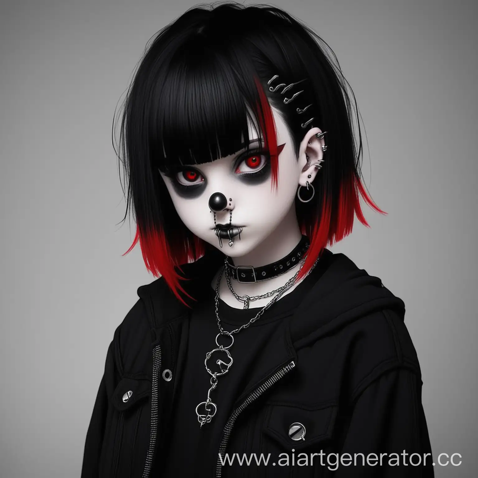 teenage goth girl with short black hair and bangs dyed red with a piercing in the nose and black eye shadow
