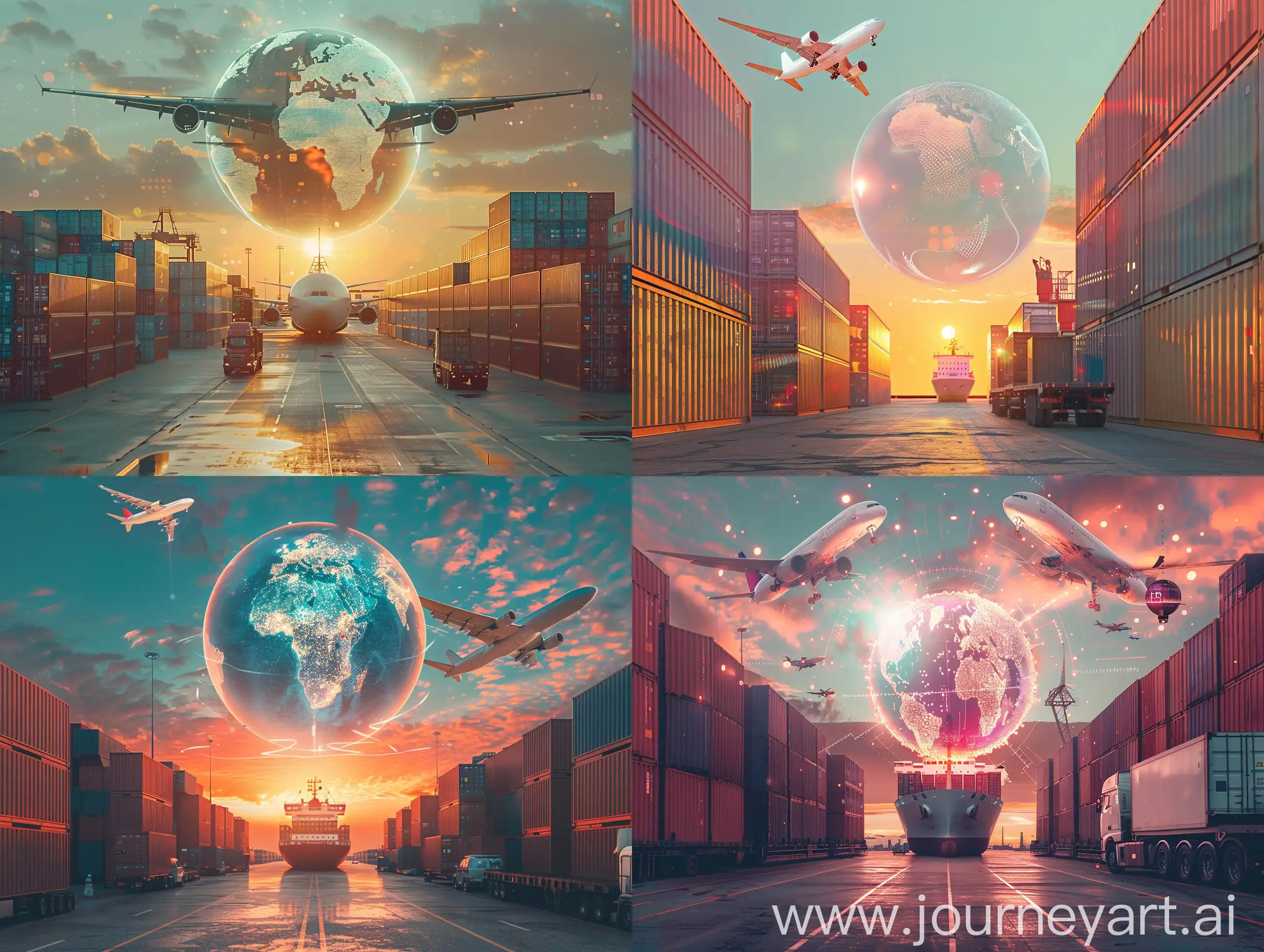 sunset scene, clean sky, a big transparent globe hologram at the center in the background, big white airplane flying around the globe, containers stacked on either side at the bottom, big cargo ship at the bottom center carrying loads very close to the camera, a couple trucks on the scene. make everything blend together, stock image photography style, simple photography without too much detail
 