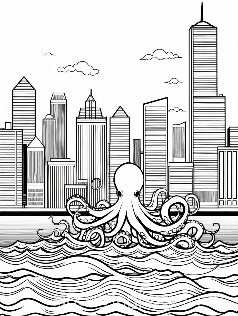 Octopus attacking a city by the ocean, Coloring Page, black and white, line art, white background, Simplicity, Ample White Space. The background of the coloring page is plain white to make it easy for young children to color within the lines. The outlines of all the subjects are easy to distinguish, making it simple for kids to color without too much difficulty