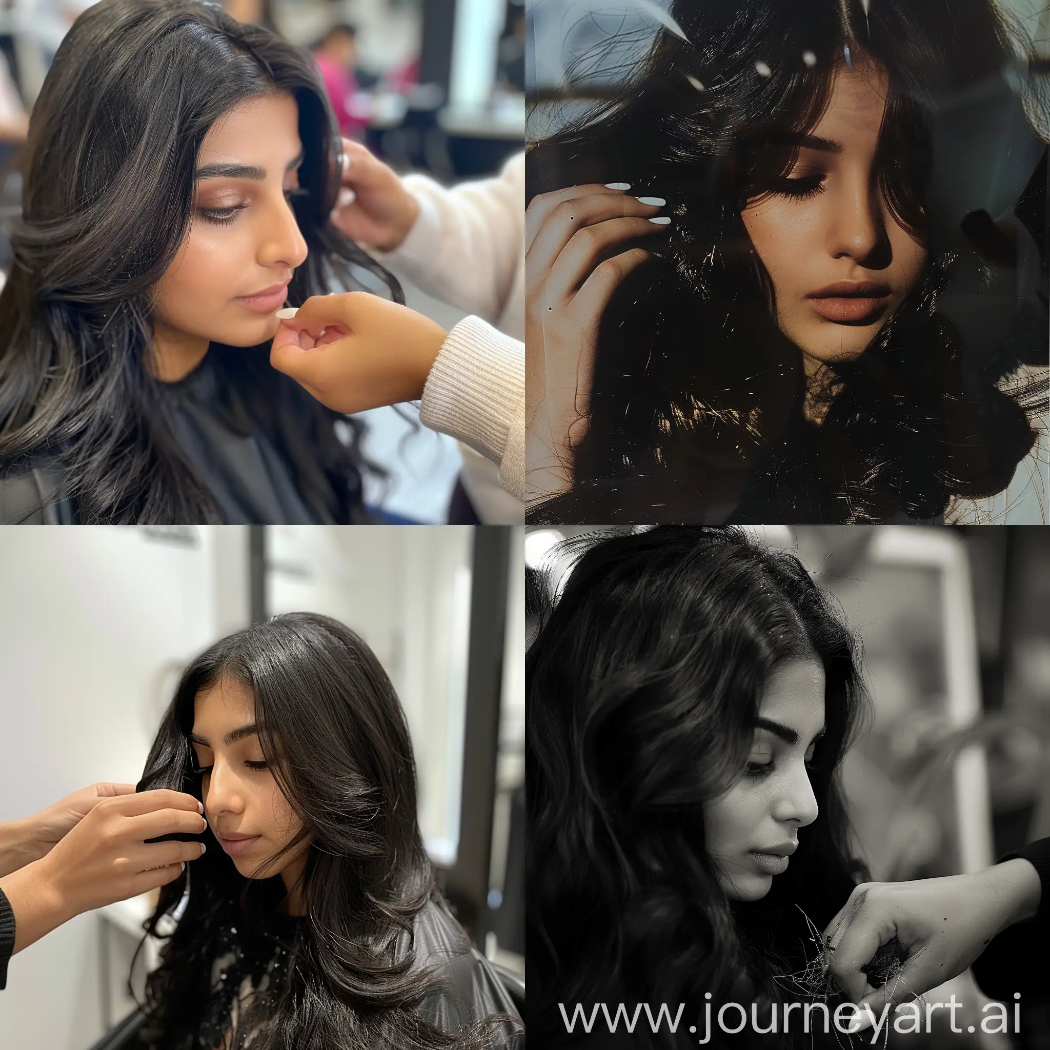 Photograph of a 16 year old top model Iranian girl at the salon, getting her hair done, full luscious black hair, a womans hand in photo, white gel nail polish