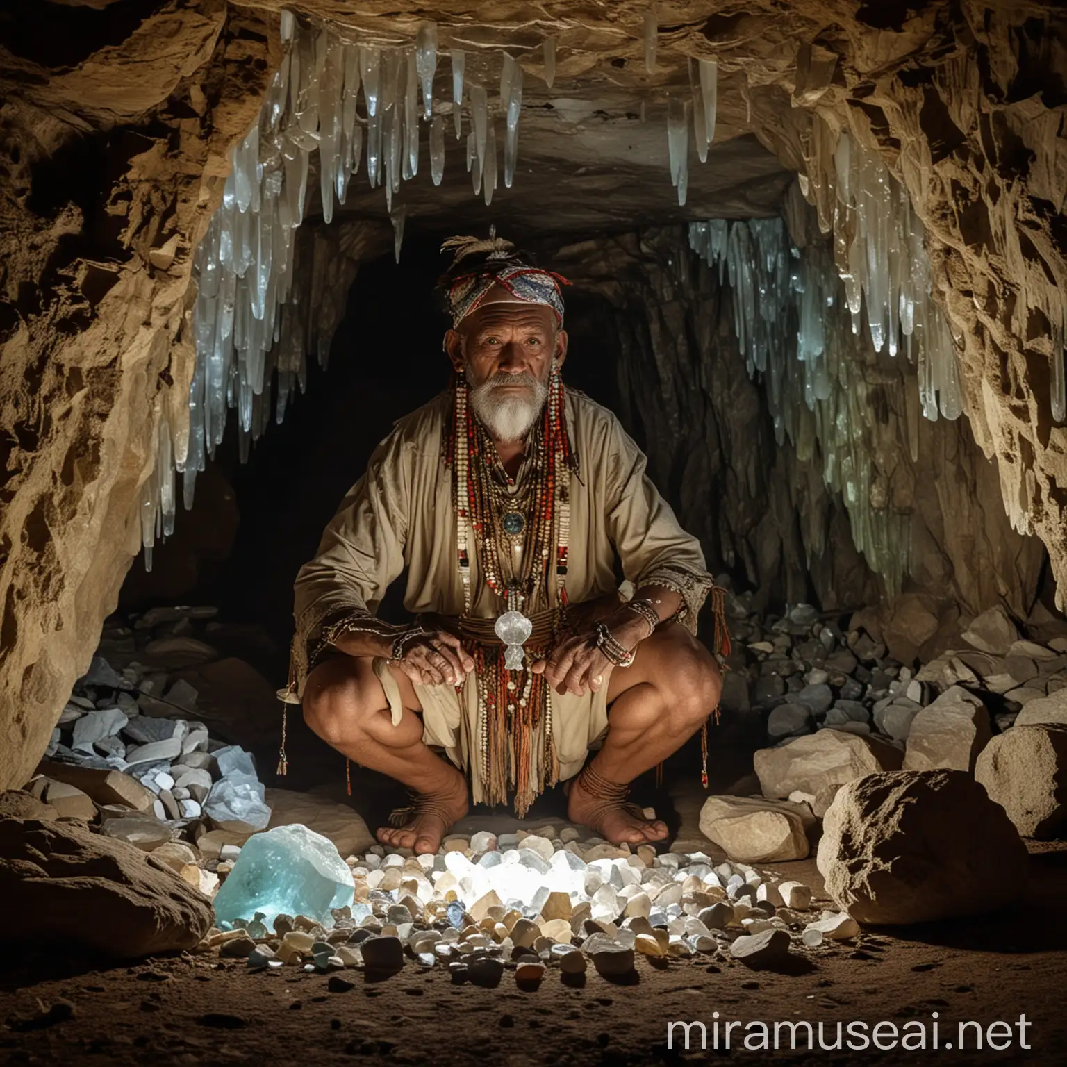 Siberian Shaman Performing Ritual with Crystal in Cave