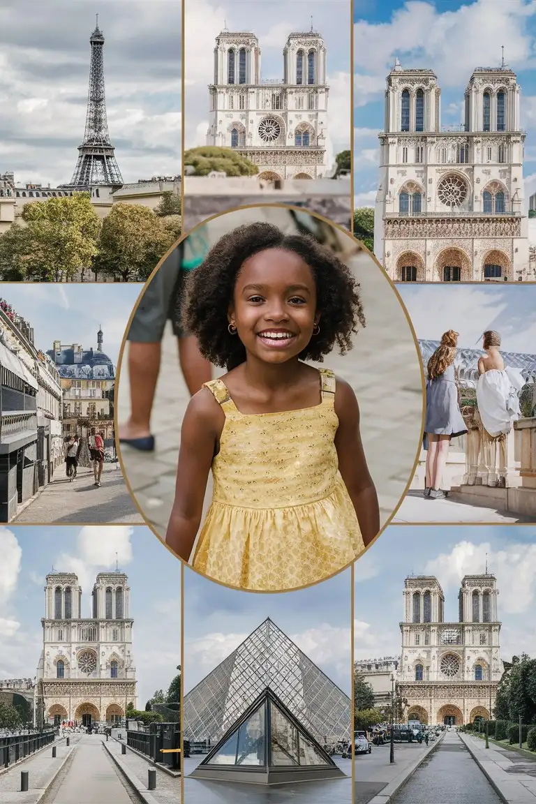 A young 8 year old african American girl in Paris around Paris different sites