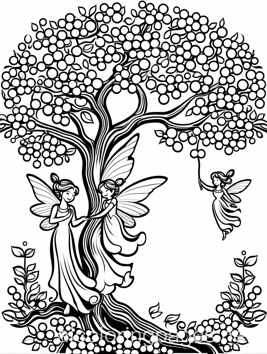 a cherry tree with 2 happy fairies dressed in long white dress the fairies are sitting on a cherry tree branch, Coloring Page, black and white, line art, white background, Simplicity, Ample White Space. The background of the coloring page is plain white to make it easy for young children to color within the lines. The outlines of all the subjects are easy to distinguish, making it simple for kids to color without too much difficulty