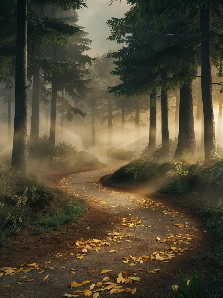 a path through a pine forest leaves a brush on the ground in the mist with the sun shinning through