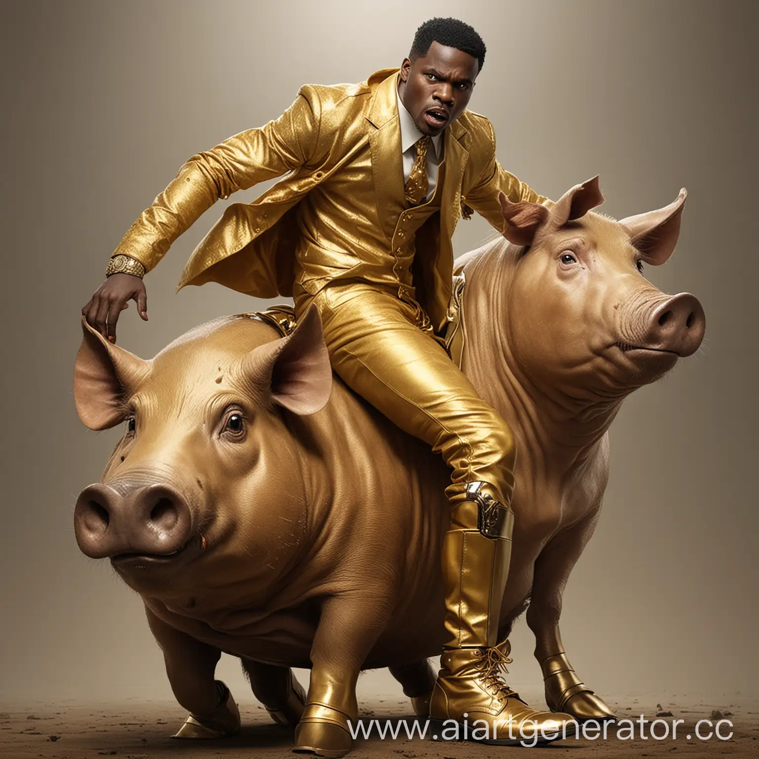 Angry-African-American-Man-in-Golden-Suit-Riding-Giant-Pig