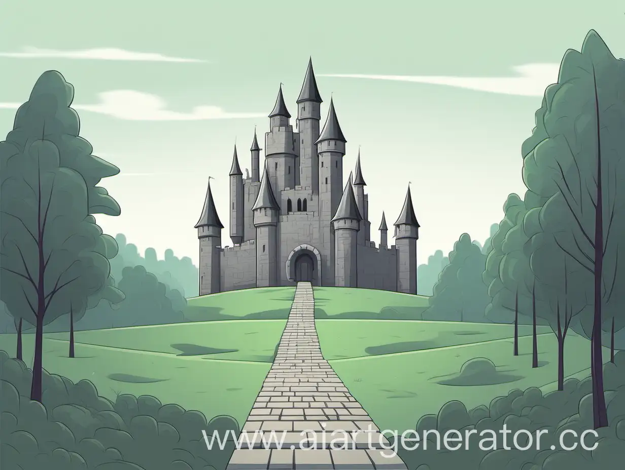 вдали стоит серый кирпичный замок, вокруг него лес и к нему ведет тропинка, минимализм, большие объекты, мультяшный стиль
