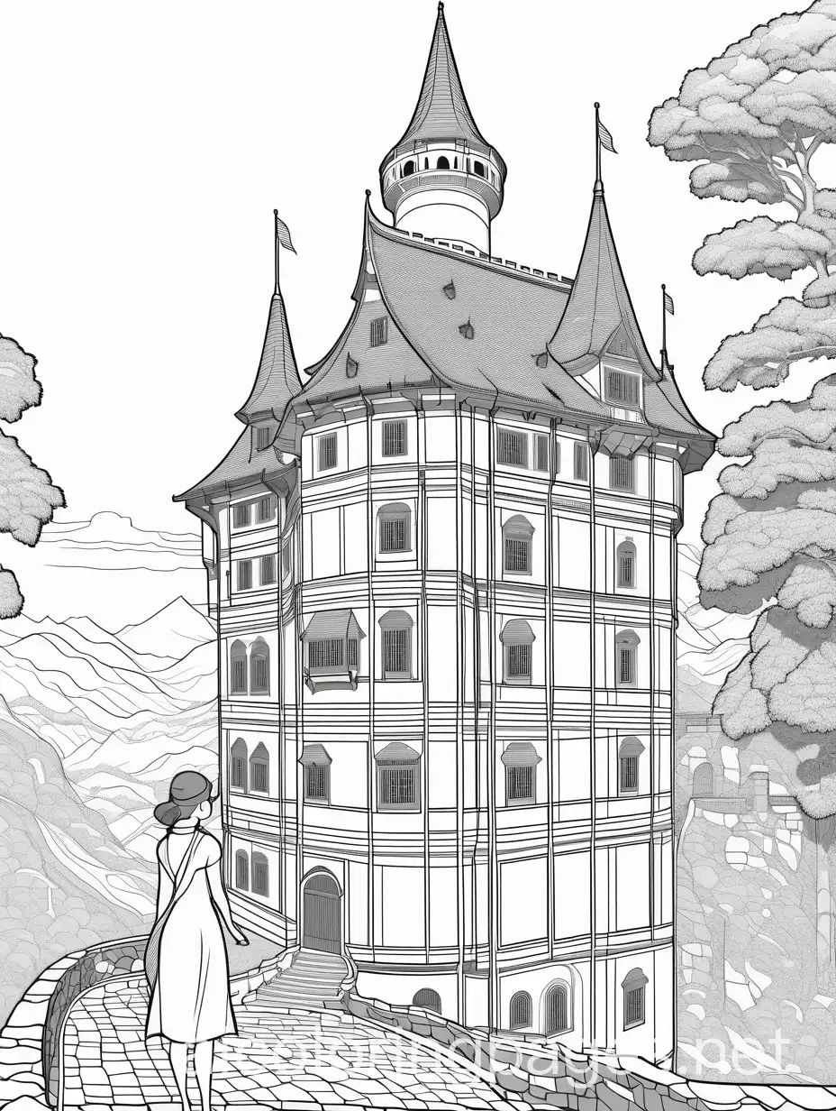 Anime-Woman-Admiring-Historic-Castle-Coloring-Page-in-Black-and-White-Line-Art