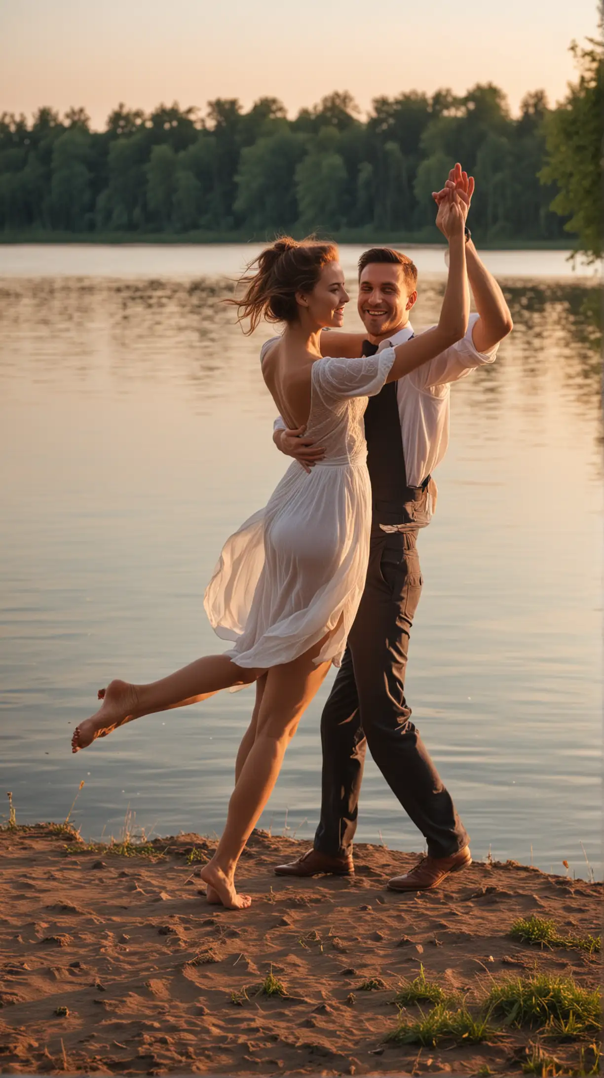 Mann tanzt lustig mit Frau, Sommerabend am See