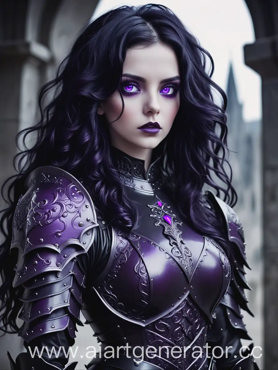 Woman black hair wavy hair leather armor purple eyes imperial look gothic