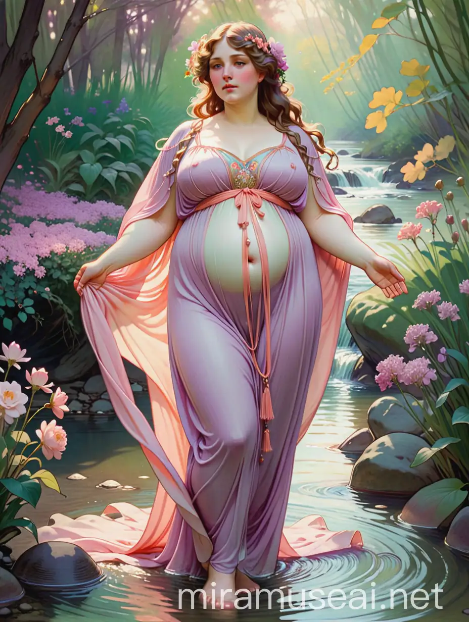 Ethereal Woman in Nature Flowing Clothed Figure Amidst Floral Stream