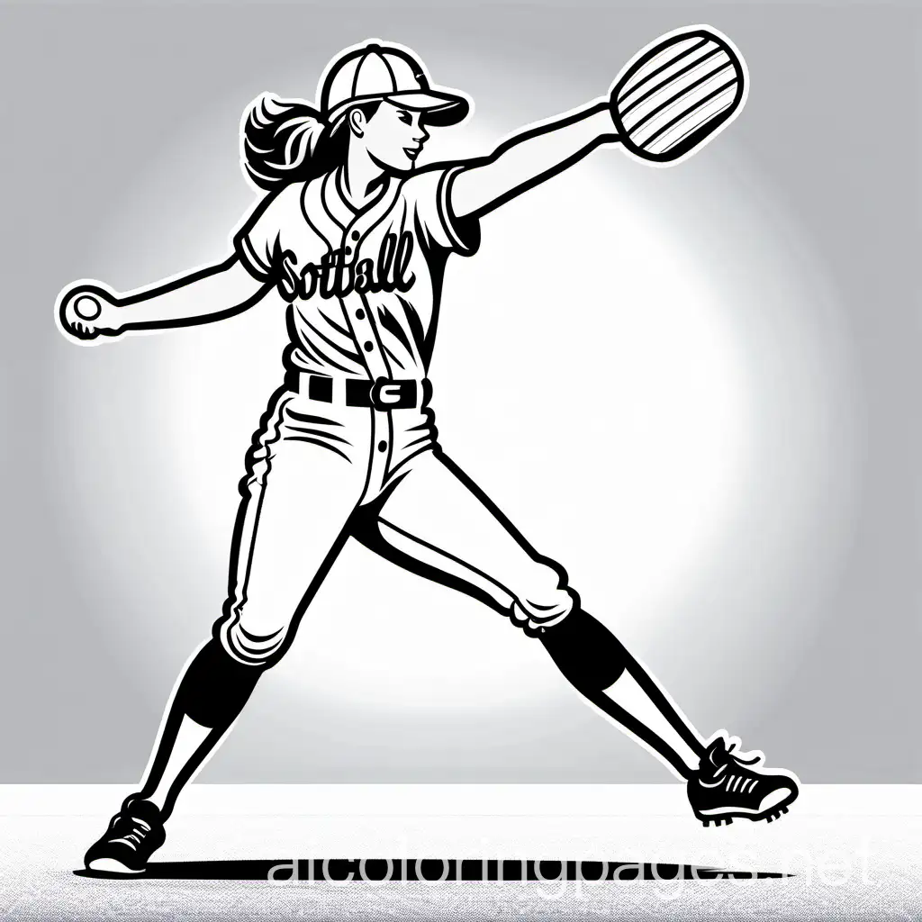 softball girl pitching,  ample white space, Coloring Page, black and white, line art, white background, Simplicity, Ample White Space. The background of the coloring page is plain white to make it easy for young children to color within the lines. The outlines of all the subjects are easy to distinguish, making it simple for kids to color without too much difficulty