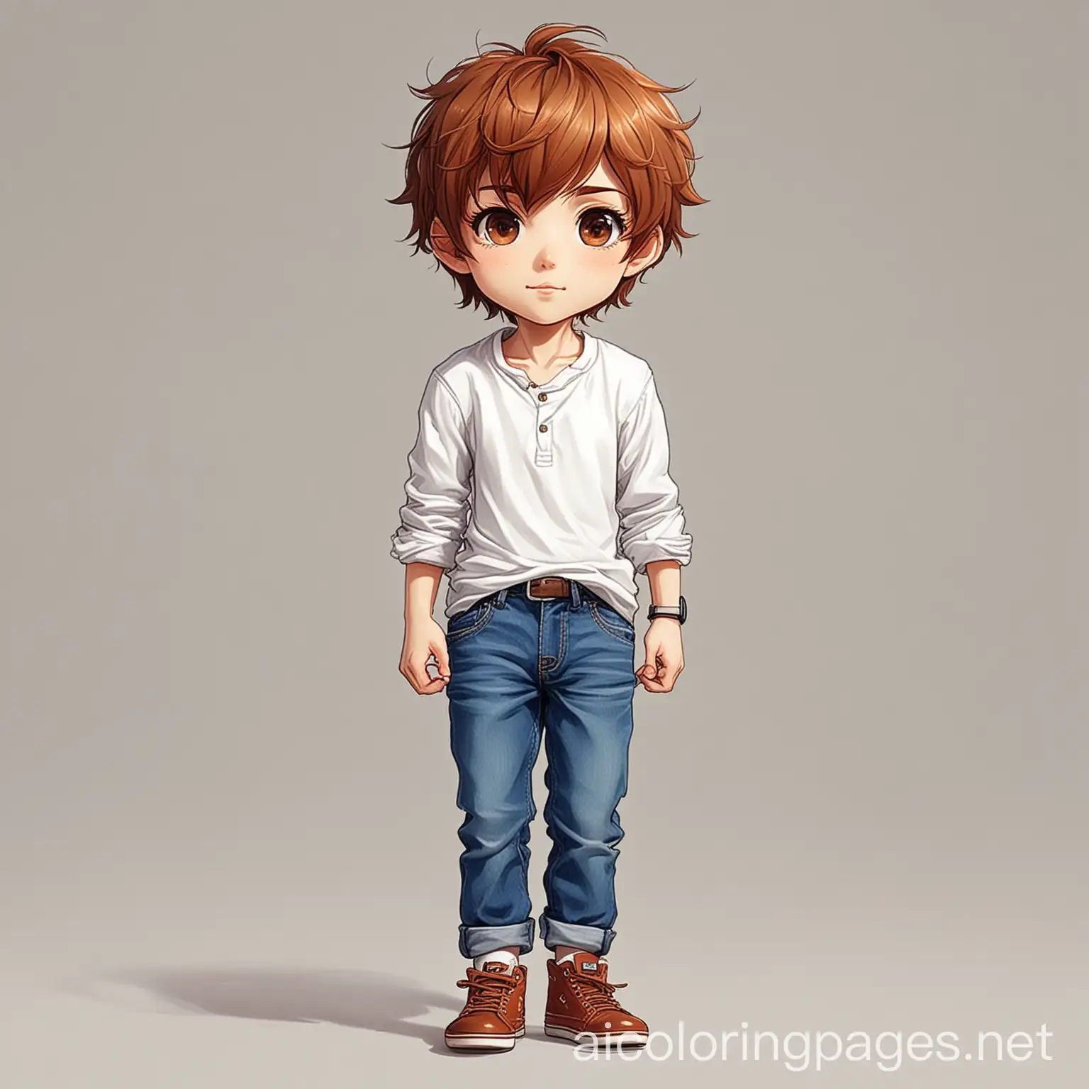 A captivating pop art rendition of a chibi anime-style British boy, exuding charm and style in his casual attire. The subject dons classic blue jeans, rolled up slightly at the ankles, and a crisp white t-shirt. His chestnut brown hair is tousled, framing his face with expressive, large hazel eyes that gleam with curiosity and determination. The simplicity of his outfit highlights his vibrant personality, making a bold statement against the plain white background. This delightful illustration encapsulates the essence of youthful energy and modern style, with the artwork's whimsical allure enhanced by the contrasting colors of his outfit, Coloring Page, black and white, line art, white background, Simplicity, Ample White Space.