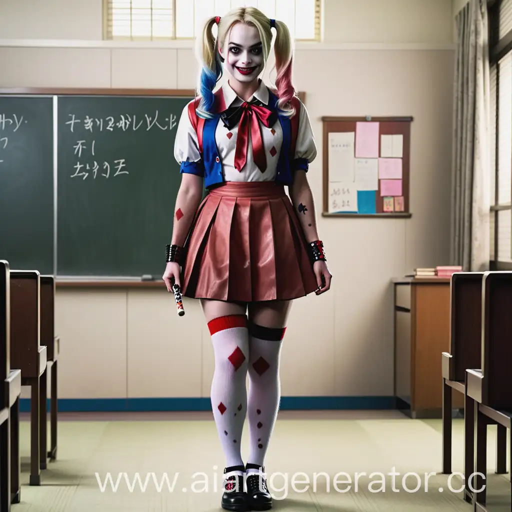 Марго Робби в образе Харли Квинн, в полный рост, в наряде японской школьницы 