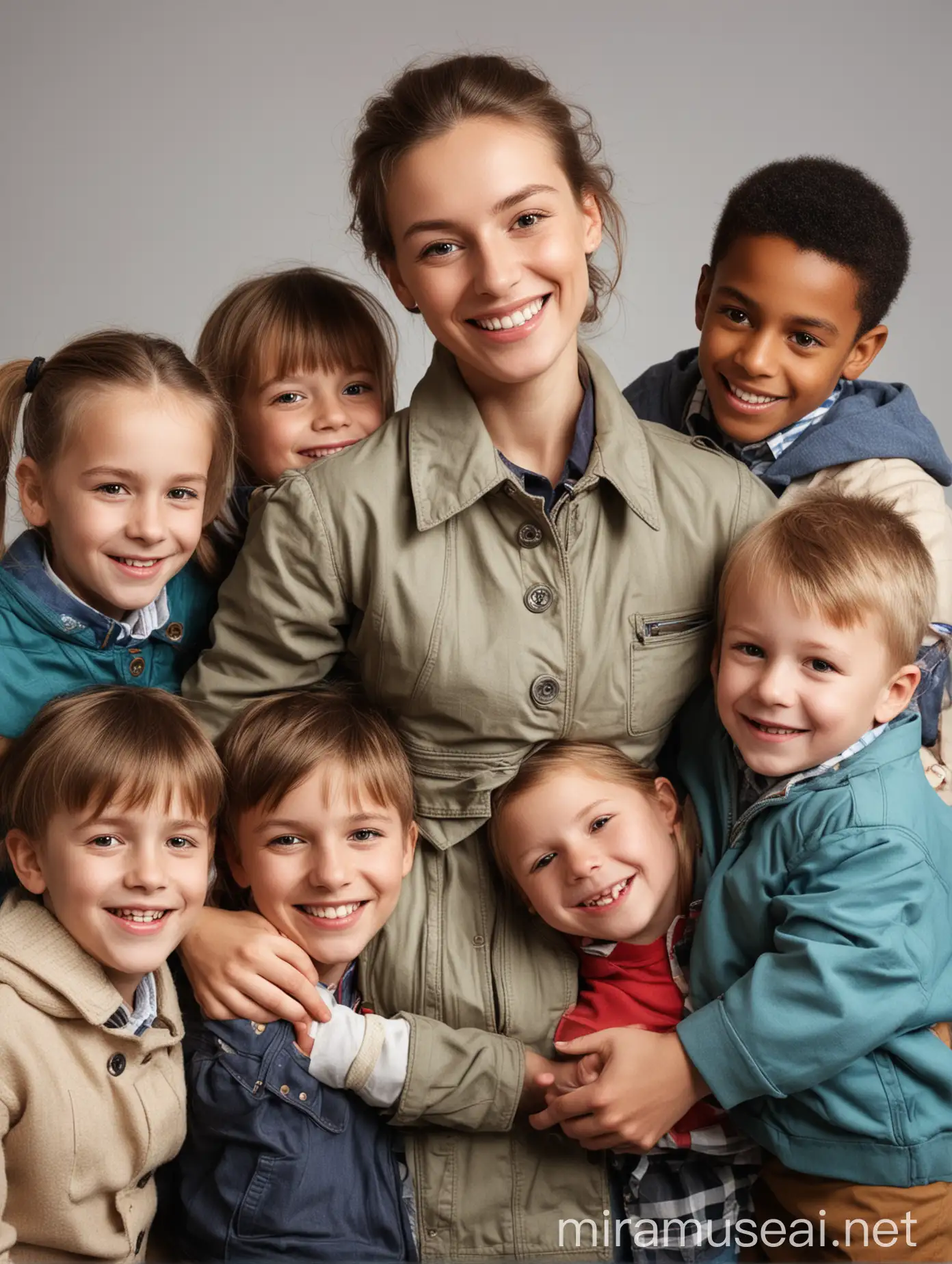 Smiling Young Teacher Embracing Group of Happy Children in School Setting
