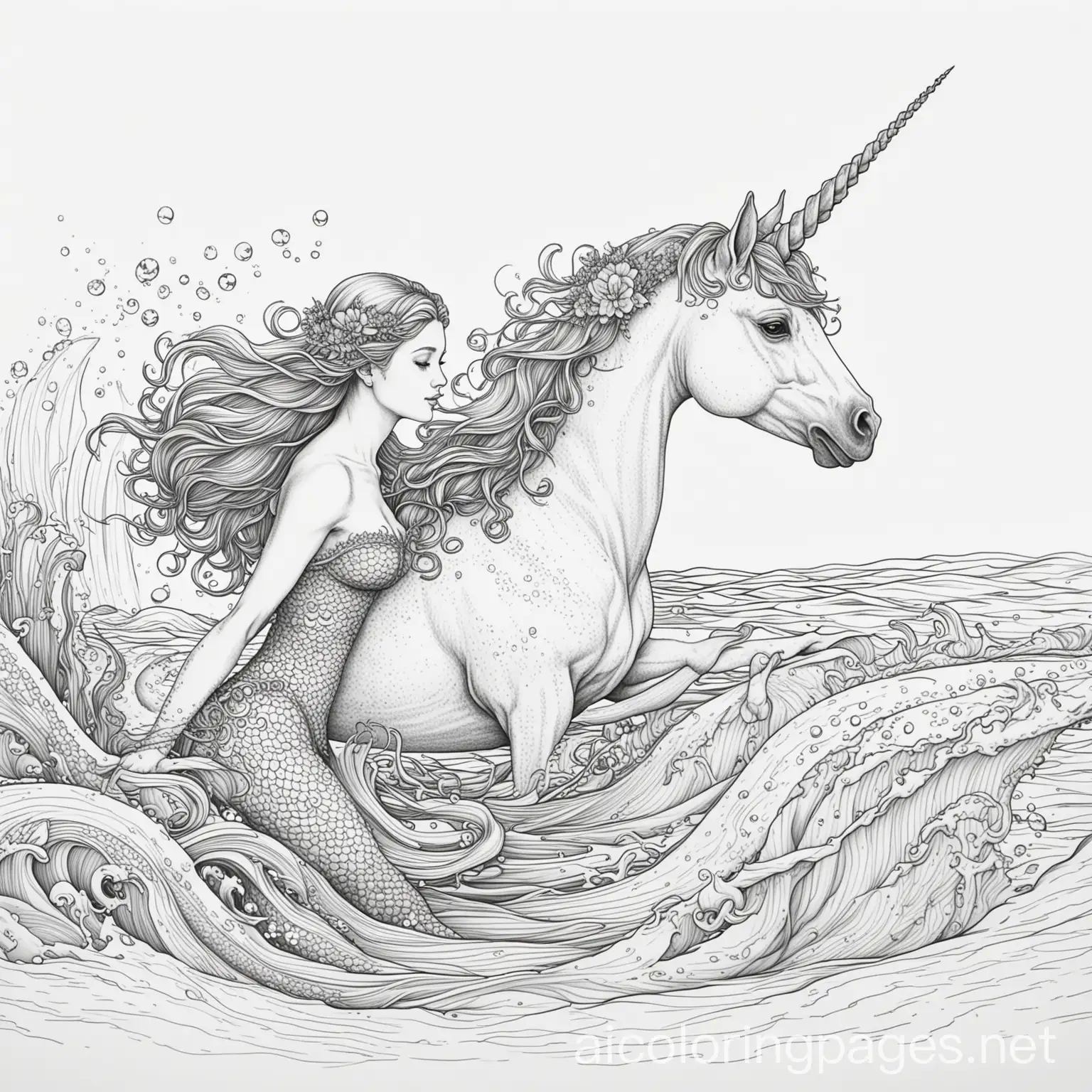 meerjungfrau schwimmt mit einem Einhorn im meer, Coloring Page, black and white, line art, white background, Simplicity, Ample White Space. The background of the coloring page is plain white to make it easy for young children to color within the lines. The outlines of all the subjects are easy to distinguish, making it simple for kids to color without too much difficulty