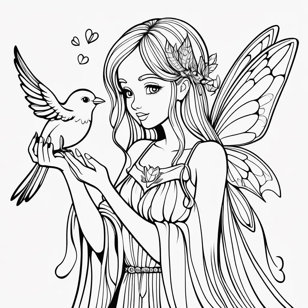 Fairy Holding Bird Intricate Adult Coloring Page with Precise Line Work