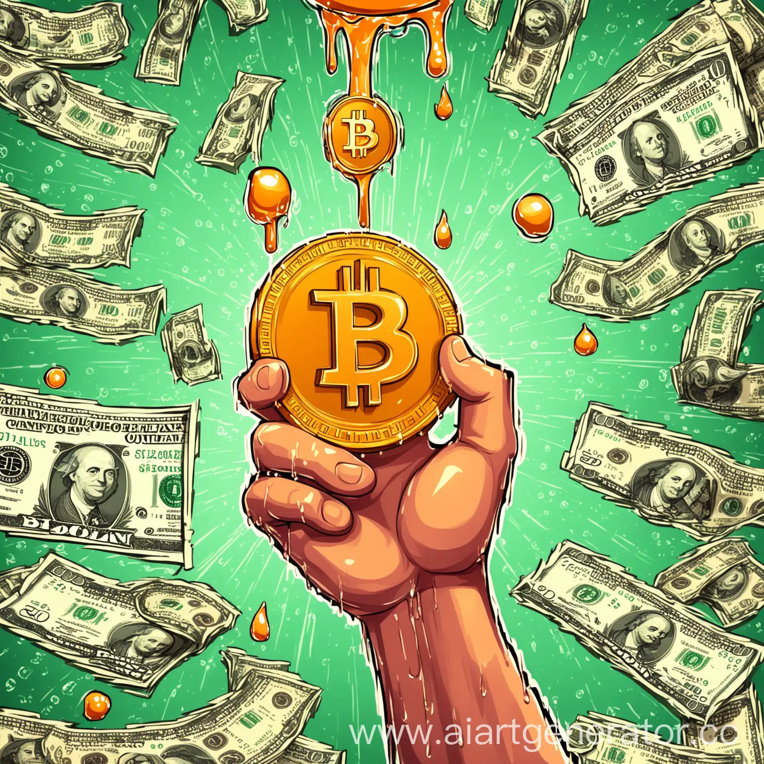 Create an avatar featuring a strong hand squeezing a Bitcoin, with dollars dripping from it. The hand should be the central element, and the background should be neutral to keep the focus on the main object. The style should be modern and vibrant