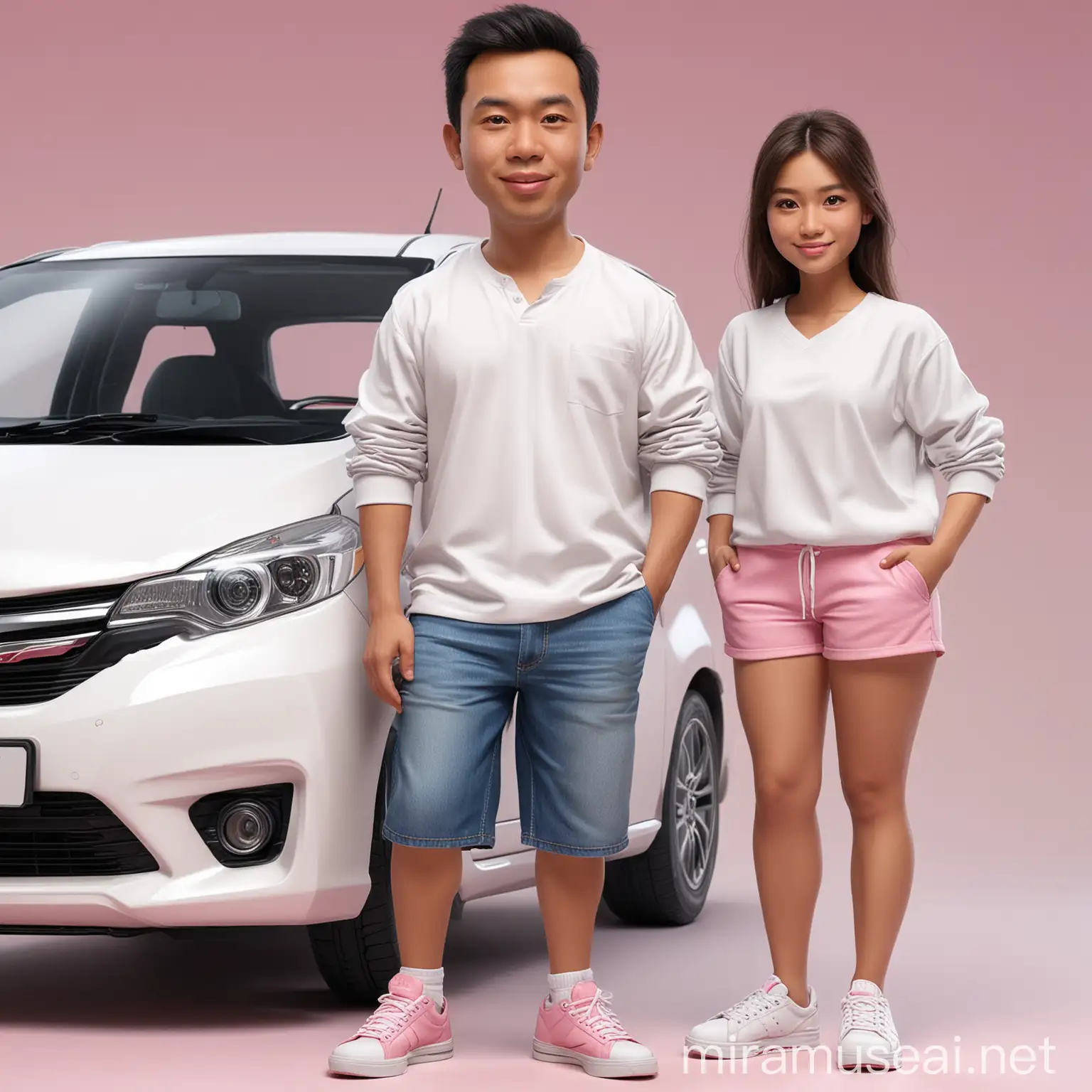 Realistic 4D Caricature of Indonesian Man and Girl with Honda Jazz Car