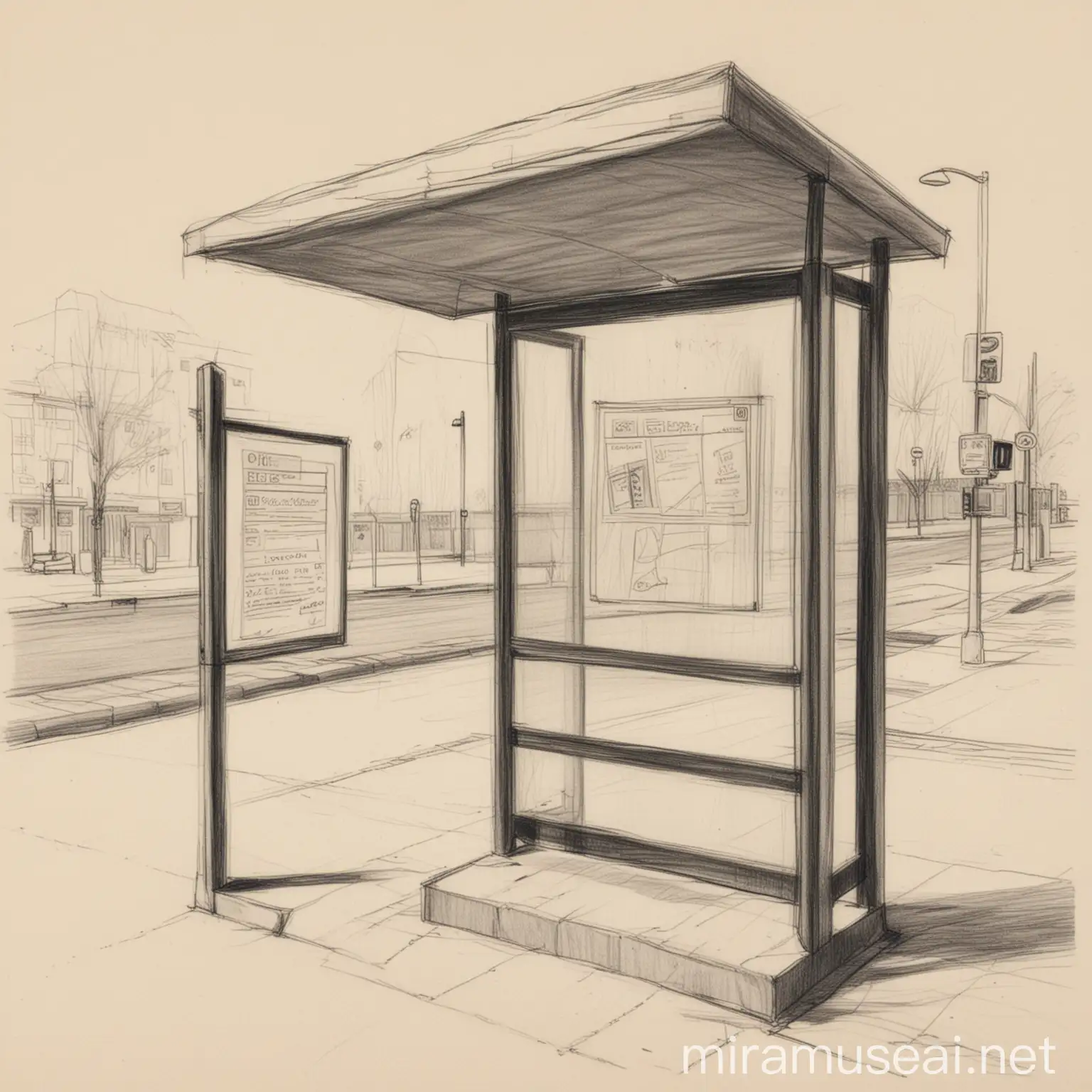 Front View Sketch of Bus Stop with Ad Box in Pencil
