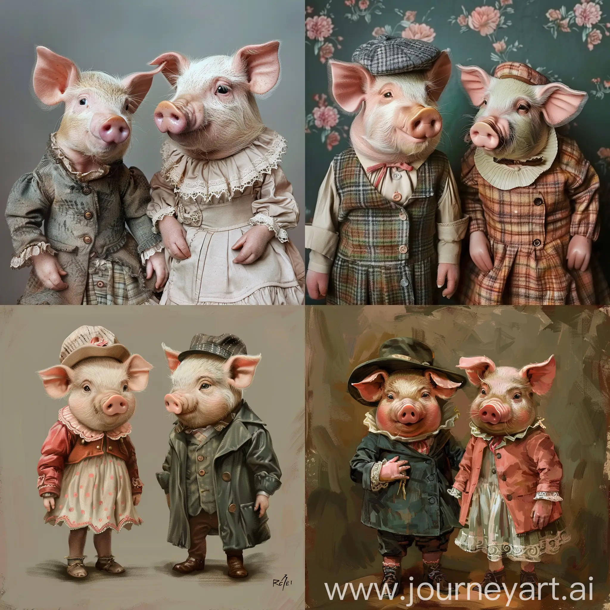 Two little pigs dressed in human clothes.