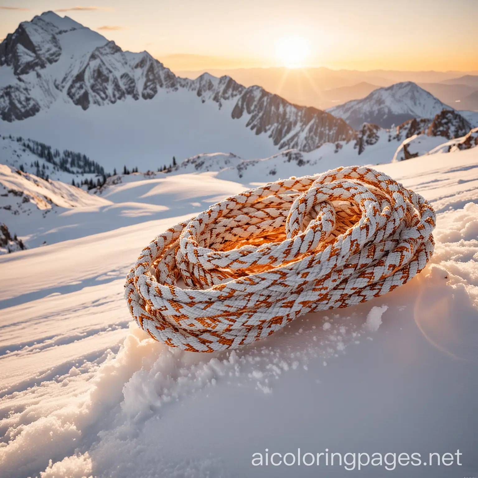 Close-up shot of a pair of ski ropes coiled neatly on a snow-covered mountain peak at dawn, with soft golden light casting a warm glow. The ropes are wrapped around each other in a crisscross pattern, their textured surface and rusty hue standing out against the crisp white backdrop., Coloring Page, black and white, line art, white background, Simplicity, Ample White Space. The background of the coloring page is plain white to make it easy for young children to color within the lines. The outlines of all the subjects are easy to distinguish, making it simple for kids to color without too much difficulty