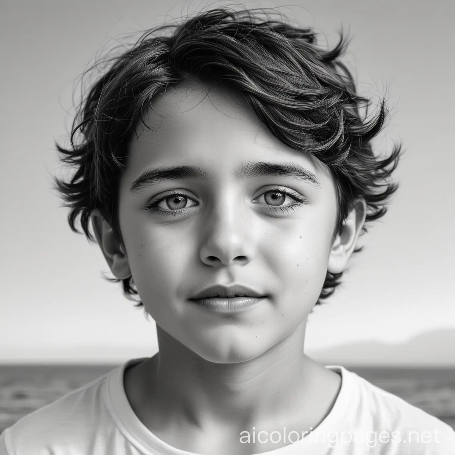 Nikos was ten years old, with eyes as bright as the Aegean sky and a heart that danced to the rhythm of adventure., Coloring Page, black and white, line art, white background, Simplicity, Ample White Space. The background of the coloring page is plain white to make it easy for young children to color within the lines. The outlines of all the subjects are easy to distinguish, making it simple for kids to color without too much difficulty
