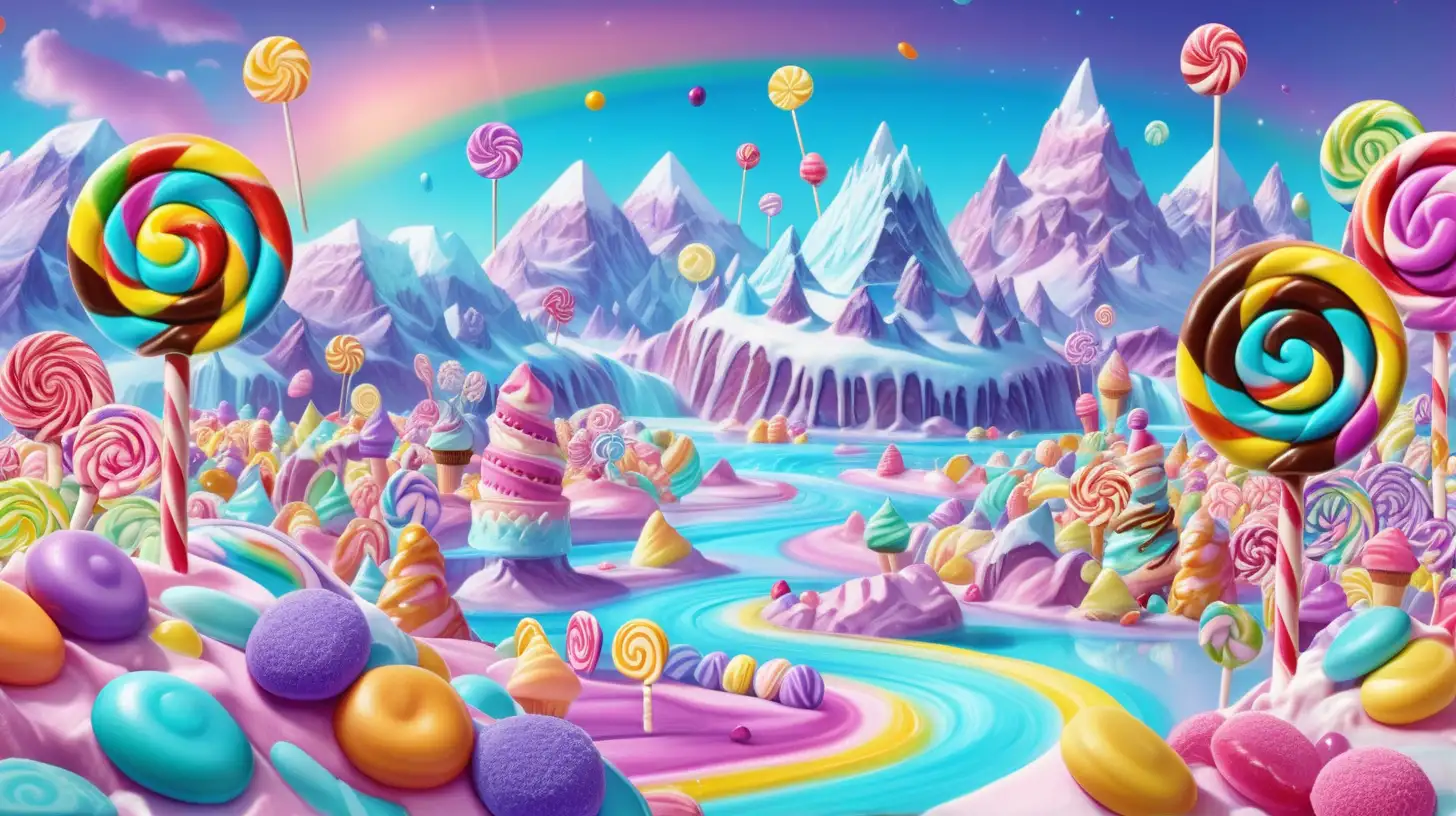 Whimsical candy world. Giant lollipops by a magical bright-turquoise-sugar river surrounded by candy and gumis. Jelly beans, gum drops, chocolate candy  in the middle of ice cream-mountains. Giant three-tier cake. Purple. Blue. 8K. bright-yellow, and purple sky with a candy clouds. rainbows.
